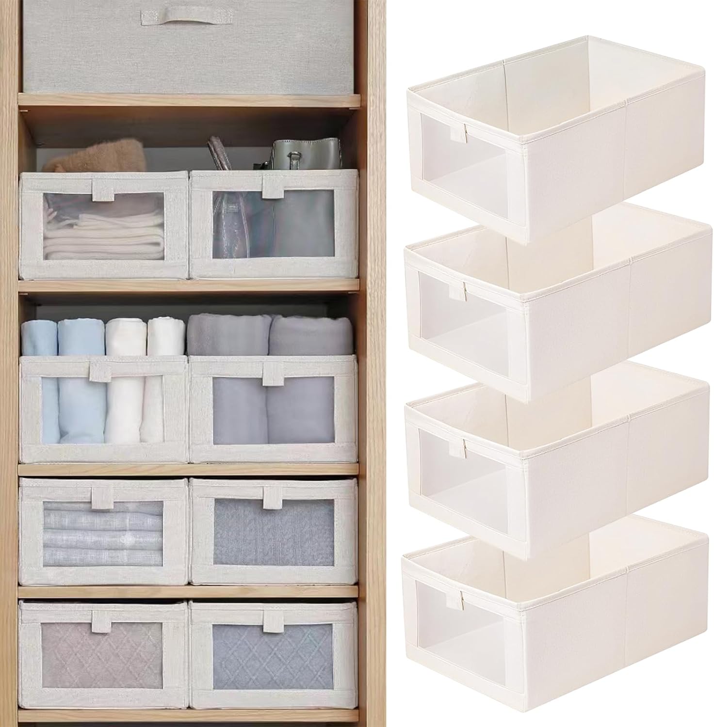 Pradnel Linen Closet Organizers And Storage, 4 Pack Storage Bins Baskets for Organization Foldable Organizer with Clear Window Organizing Clothing, Jeans, Shelves