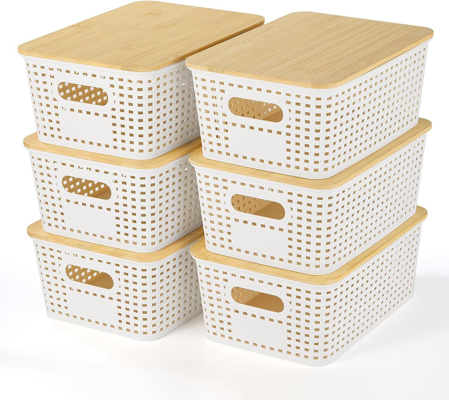 Ohmlove 6 Pack Plastic Storage Baskets with Bamboo Lids for Organization