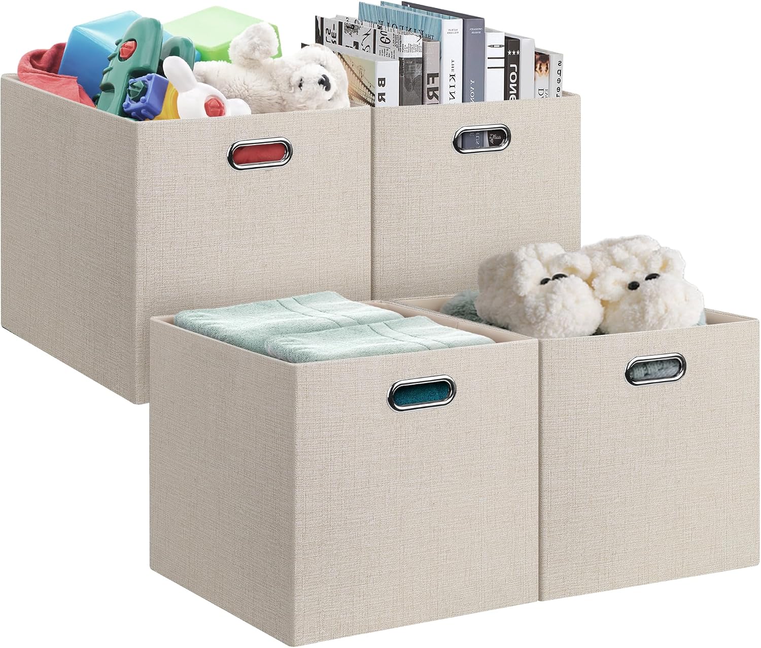 Posprica 13x15x13in Collapsible Storage Bins, Fabric Foldable Cube Storage Boxes, Decorative Storage Baskets Organizer for IKEA Kallax, Shelves, Closet, Clothes, Set of 4-Beige
