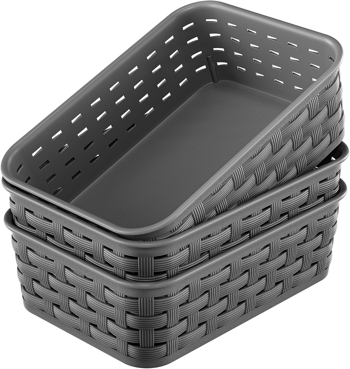 3 Pack Small Plastic Basket, Storage Bin Baskets for Organizing, Pantry Organizer Household Wicker Storage for Laundry Room, Bedrooms, Kitchens, Cabinets, Countertops, Dark Gray | Pantry Organizer, Household, Wicker Storage, for Laundry Room, Bedrooms, Kitchens, Cabinets, Countertops, Dark Gray
