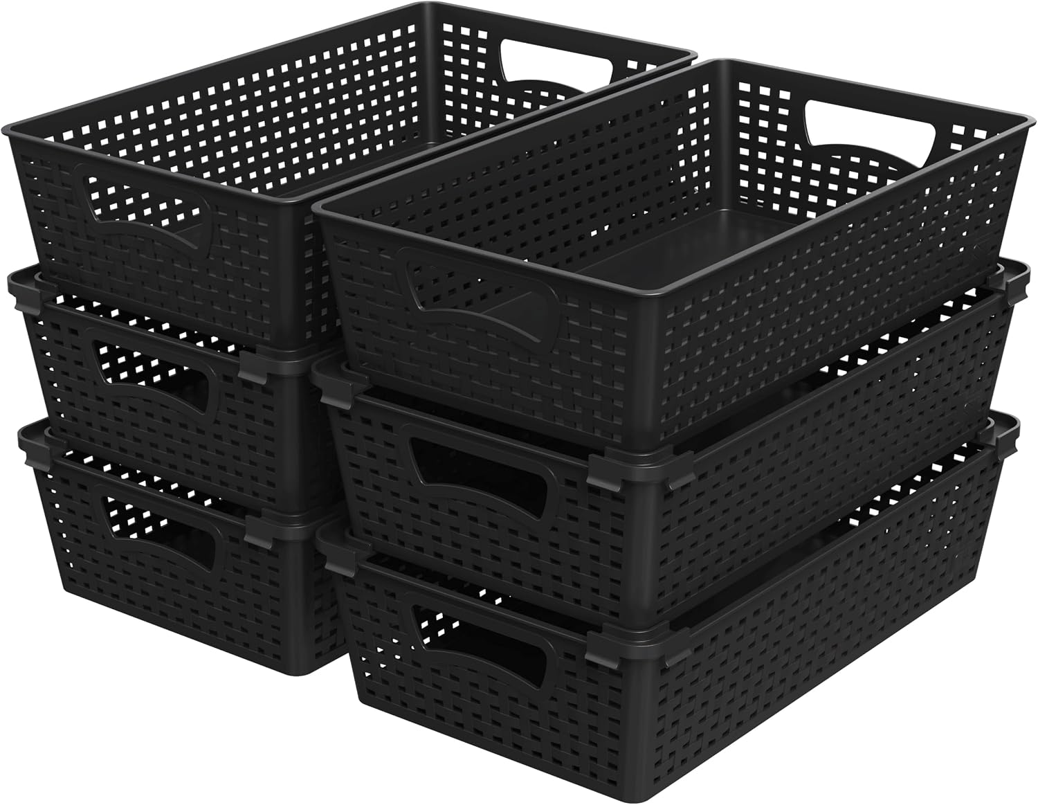 Simple Houseware Stackable Plastic Woven Basket Organizer, 6 Pack, Black | 14.5" D x 8.5" W x 3.5" H