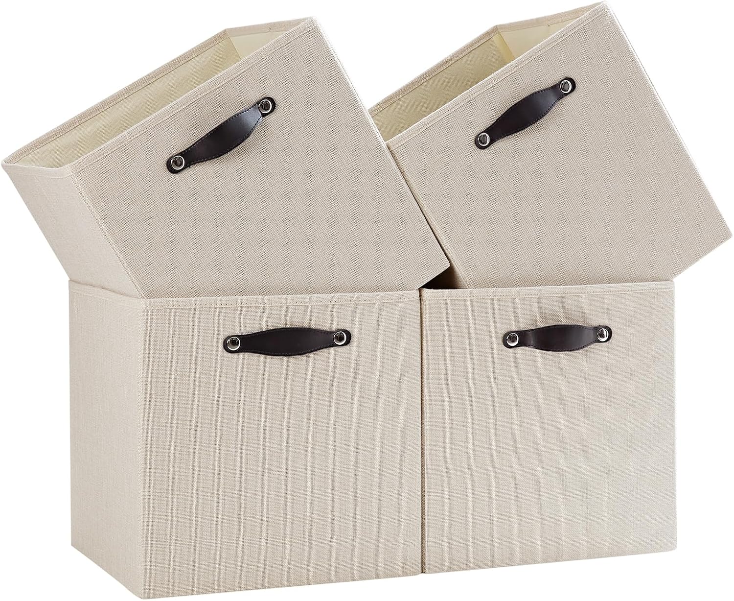 Cube Storage Bins | 13"x15"x13", Beige, 4 Pack | Multi-Size | 2X Thick Support Board | Vegan Leather Handles | 7.7 oz/yd² Fabric | Drawer Insert Basket Fits KALLAX