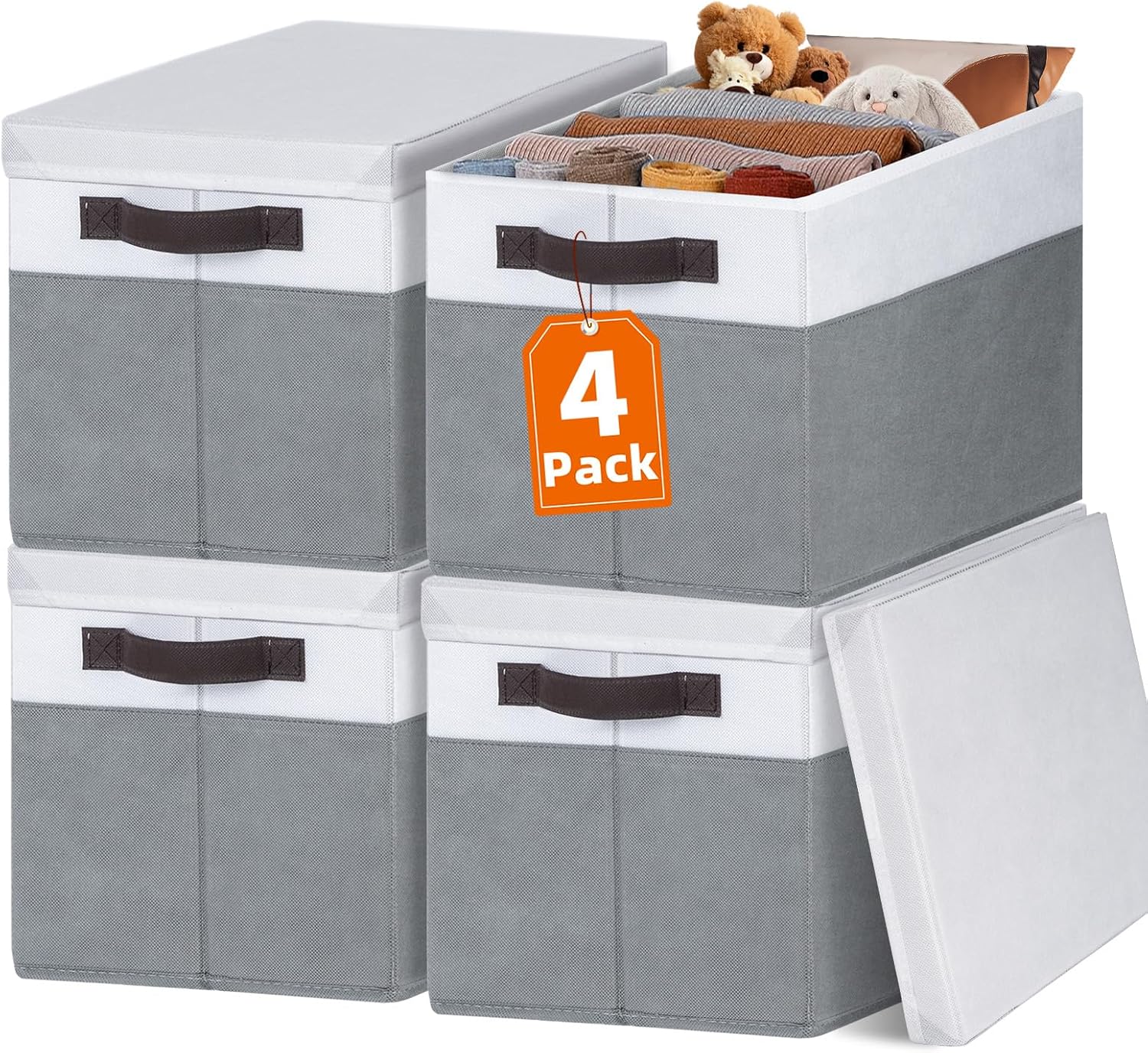 Large Closet Storage Baskets Bins with Lids 4 Pack, Storage Baskets for Organizing Shelves Nursery Bedroom, Home Dorm Closet Organizers Cubes for Clothes Toys Blanket Book