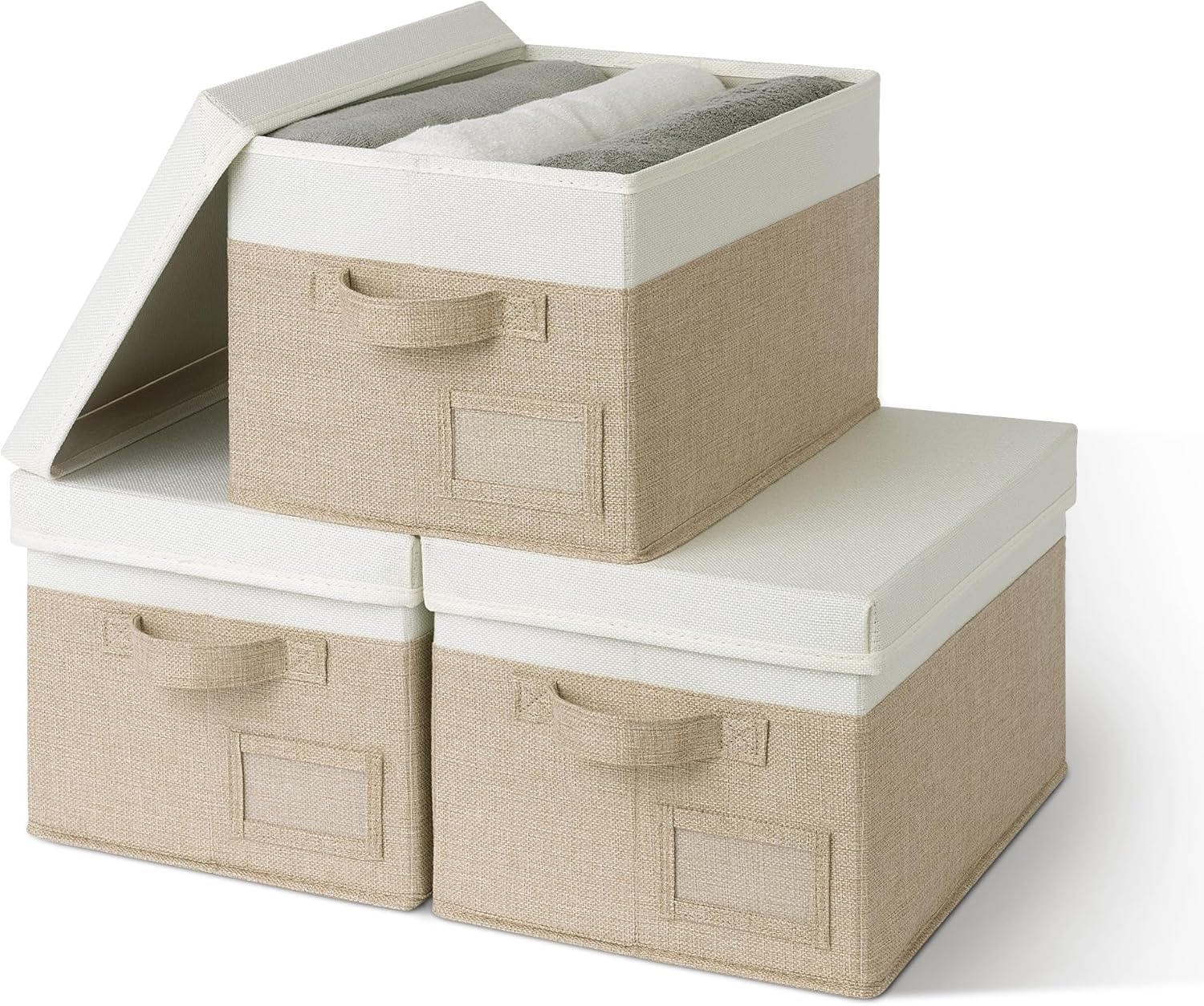 GRANNY SAYS Storage Basket with Lid, Linen Fabric Storage Bins with Label, Decorative Storage Boxes, Clothes Storage and Organization, Memory Keepsake Box, 3-Pack, Medium, Khaki&Ivory