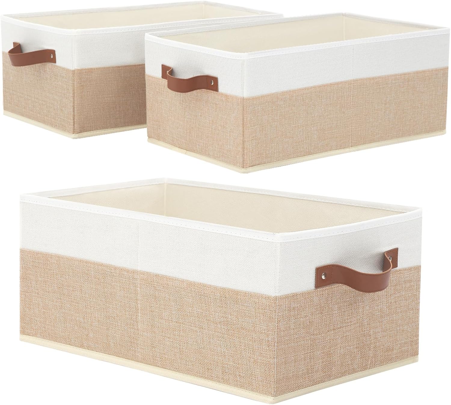 Closet Organizer Bins 3 Pack, Large Storage Bins for Shelves | Foldable Closet Storage Boxes Baskets with Leather Handles for Organizing Clothes, Sheets, Jeans, Toys, Books（Begie）