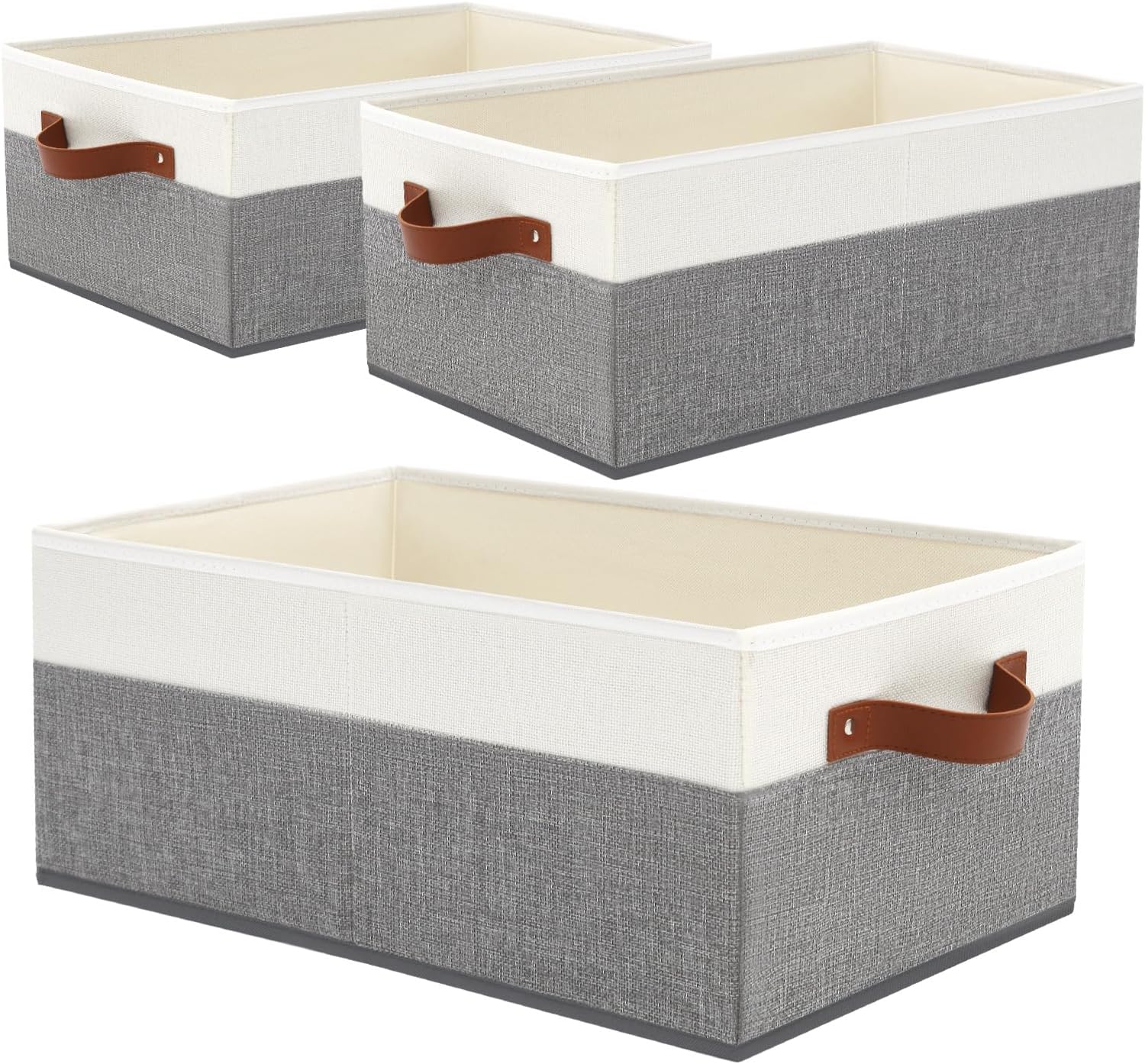 3 Pack Large Capacity Storage Bins Closet Organizer for Shelves | Fabric Closet Storage Baskets Boxes with Leather Handles for Organizing Clothes, Sheets, Jeans, Toys, Books (Grey)