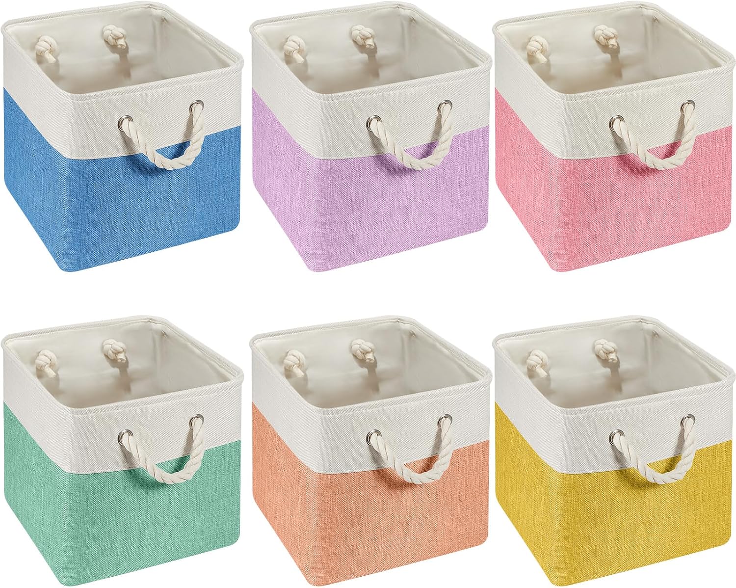 6 Pack 13x13 Inch Macaron Cube Storage Bins Square Fabric Cube Baskets | Pastel Foldable Organizer with Sturdy Handles, Home Closet Bin for Shelves, Durable Cube Baskets Bulk for Home Storage