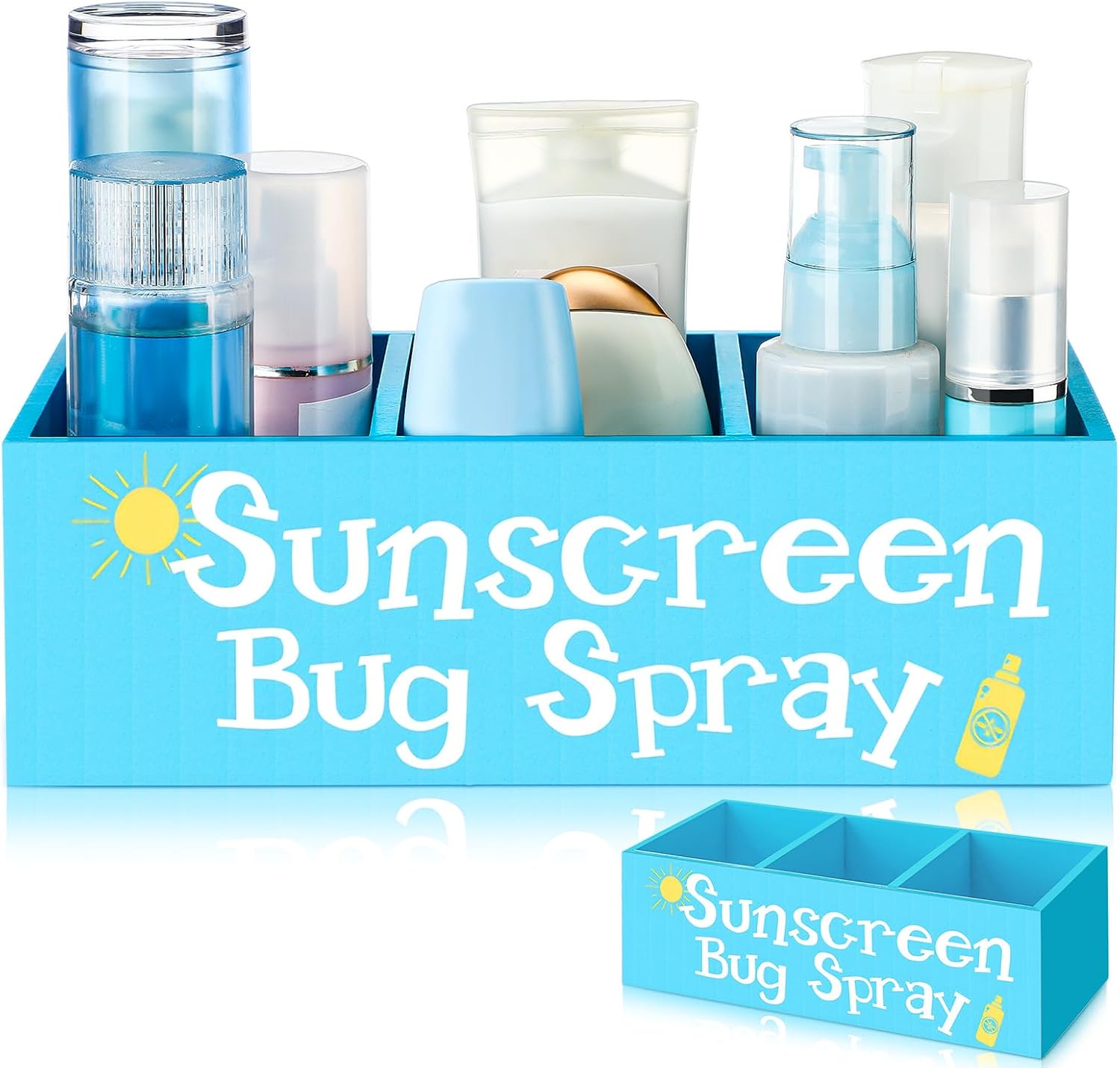 CroBlissful Sunscreen Bug Spray Storage Basket Blue Summer Wooden Box with 3 Compartments Toilet Tank Tray for Indoor Outdoor Swimming Pool Decor Sunblock Sunglasses Beach Pool Toy Storage Box