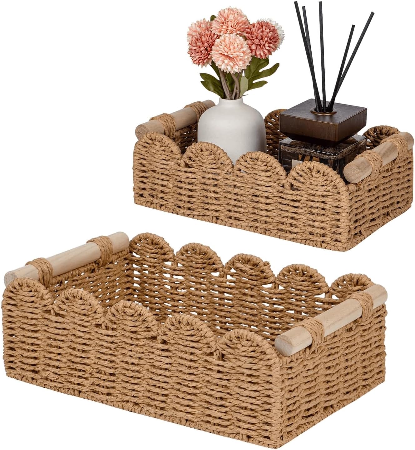 CubesLand Scalloped Toilet Paper Storage Basket for Over Toilet Shelves | Decorative Wicker Organizer Basket Perfect for Home Countertop Storage, Small Basket, Living Room Shelf Decor, Neutral