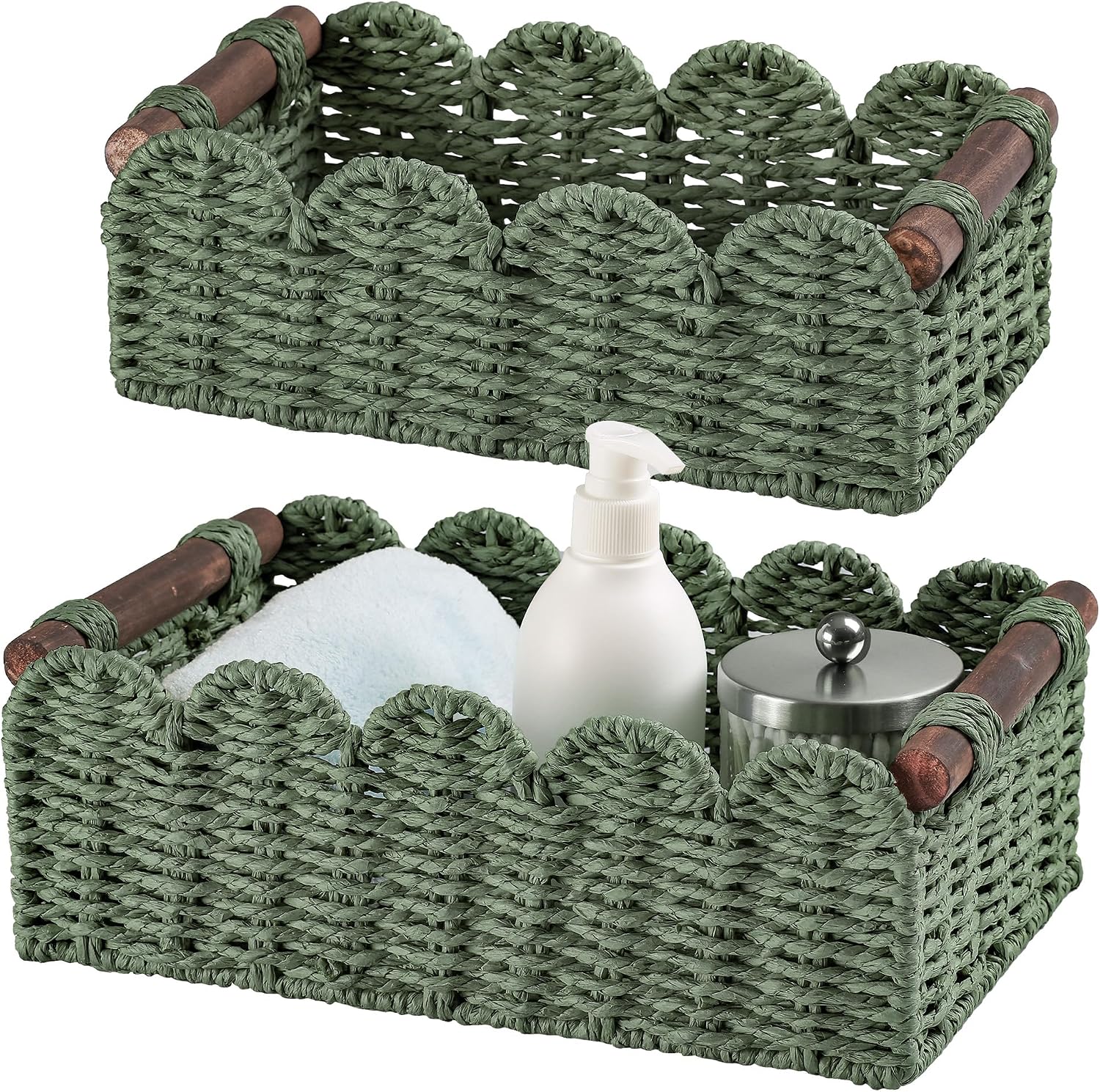Wicker Baskets for Organizing Toilet Paper Storage Basket | with handle for Bathroom Bedroom Home Farmhouse Decor,Set of 2,Green