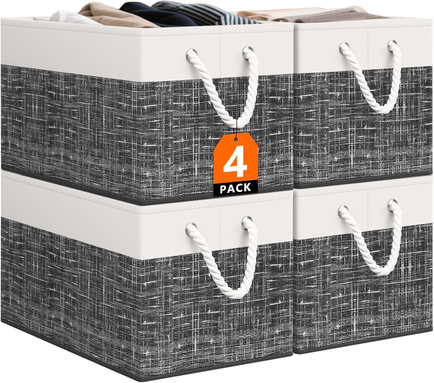 StorageTastic Storage Bin,Collapsible Storage Basket For Organizing,Large Storage Boxes With Rope Handles,Storage Containers,White & Black,4 Pack