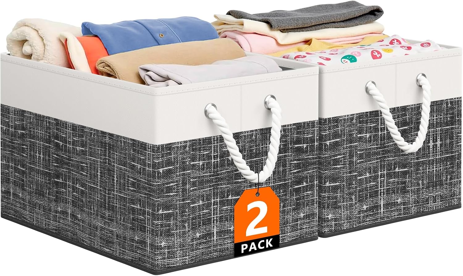 StorageTastic Storage Bin,Collapsible Storage Basket For Organizing,Large Storage Boxes With Rope Handles,Storage Containers,White & Black,2 Pack
