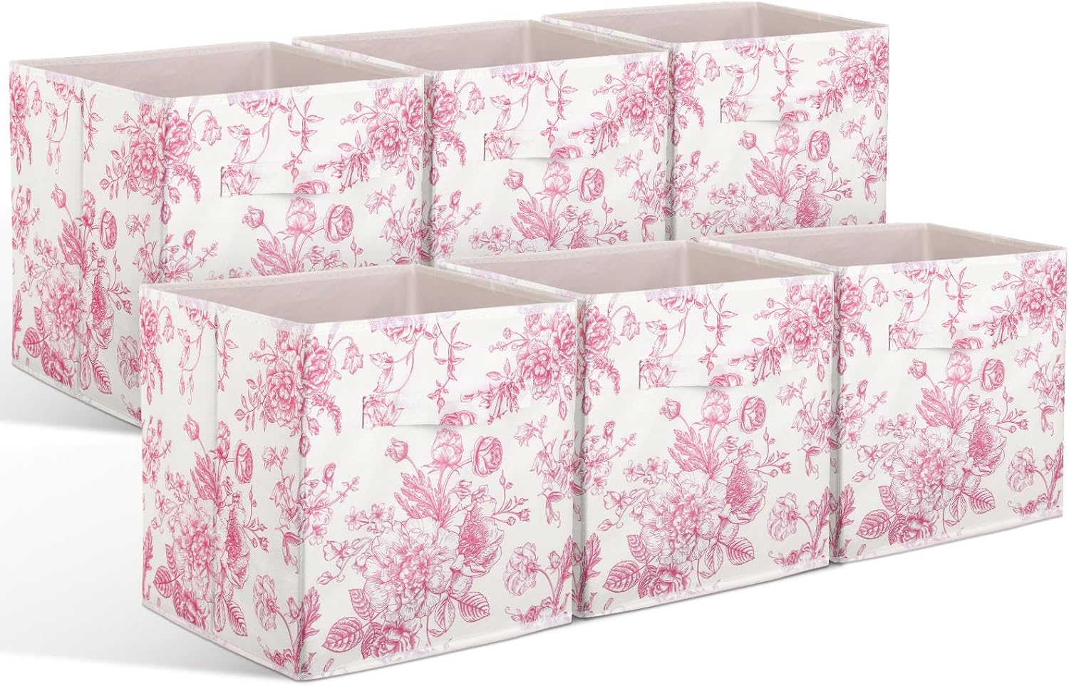 Geelin 6 Pcs Pink Floral Cube Storage Bins 11 Inch Pink Flower Storage Basket with Handle, Preppy Girls Organizer Basket, Collapsible Fabric Box for Classroom Bedrooms Office Home Decoration Gift
