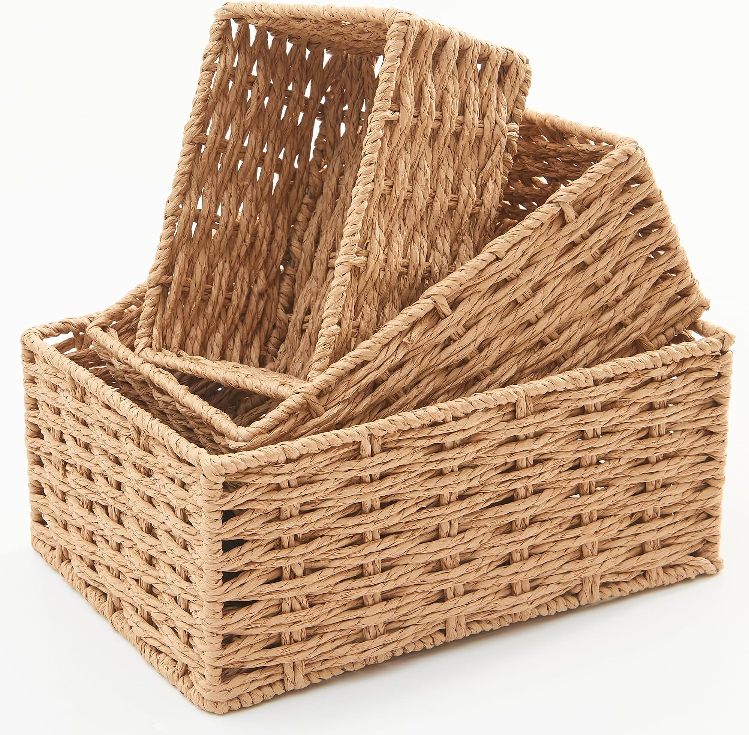 Small Wicker Basket for Organizing, Woven Storage Basket Sets of 3 | Handwoven Natural Paper Rope Baskets to Declutter Any Room, Perfect for Organizing and Home Decor