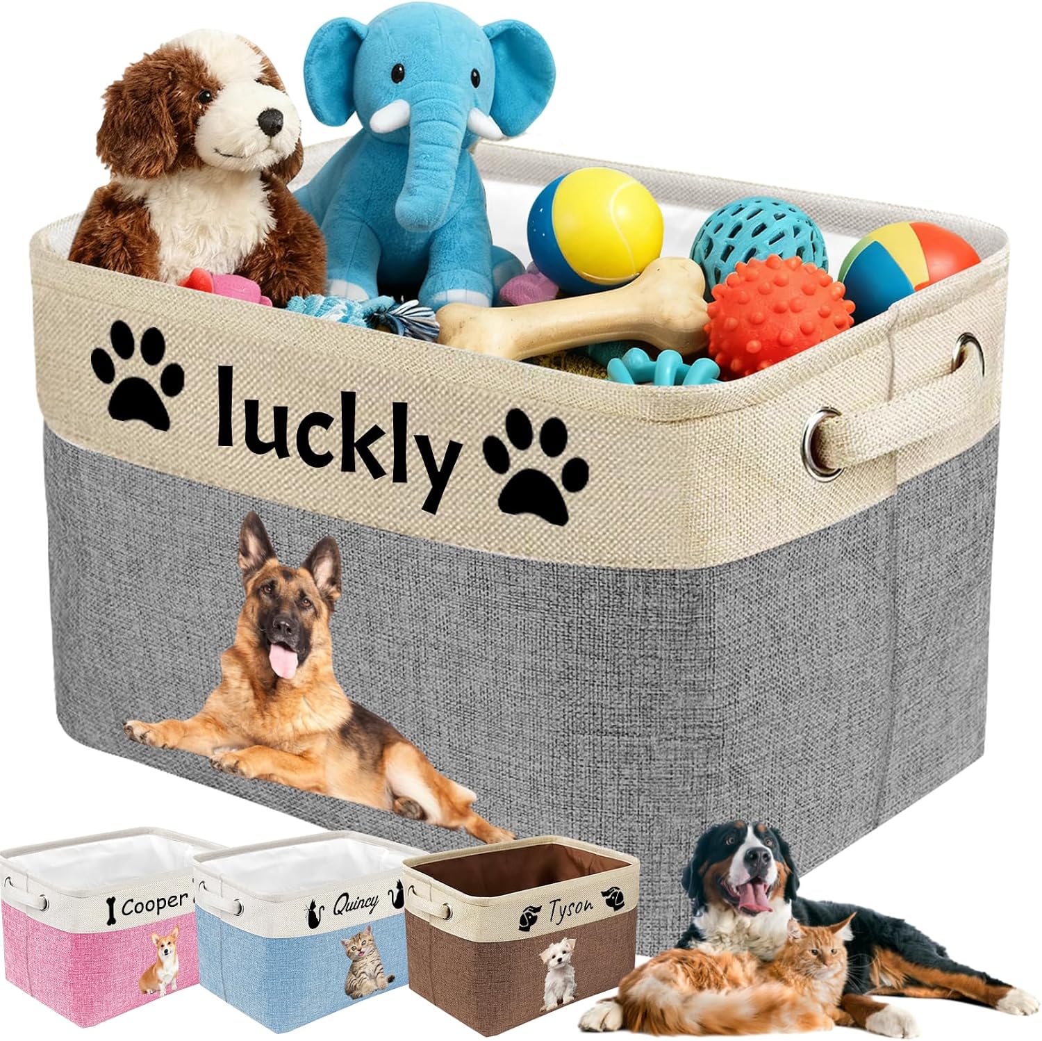 Personalized Dog Toy Storage Basket Bin with Name Photo Custom Pet Collapsible Organizer Box Container for Toys Coats Clothing Blankets