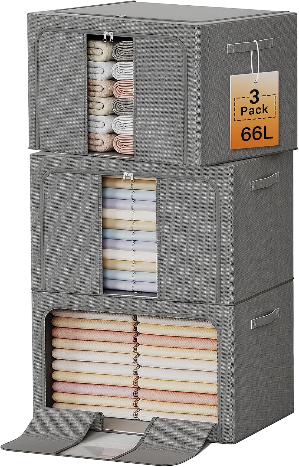 Clothes Storage Bins with Metal Frame, Foldable Clothes Organizers Storage Containers for Clothes, Sheets, Blankets, Pillows and Towels （66L, 3 Pack, Deep Grey