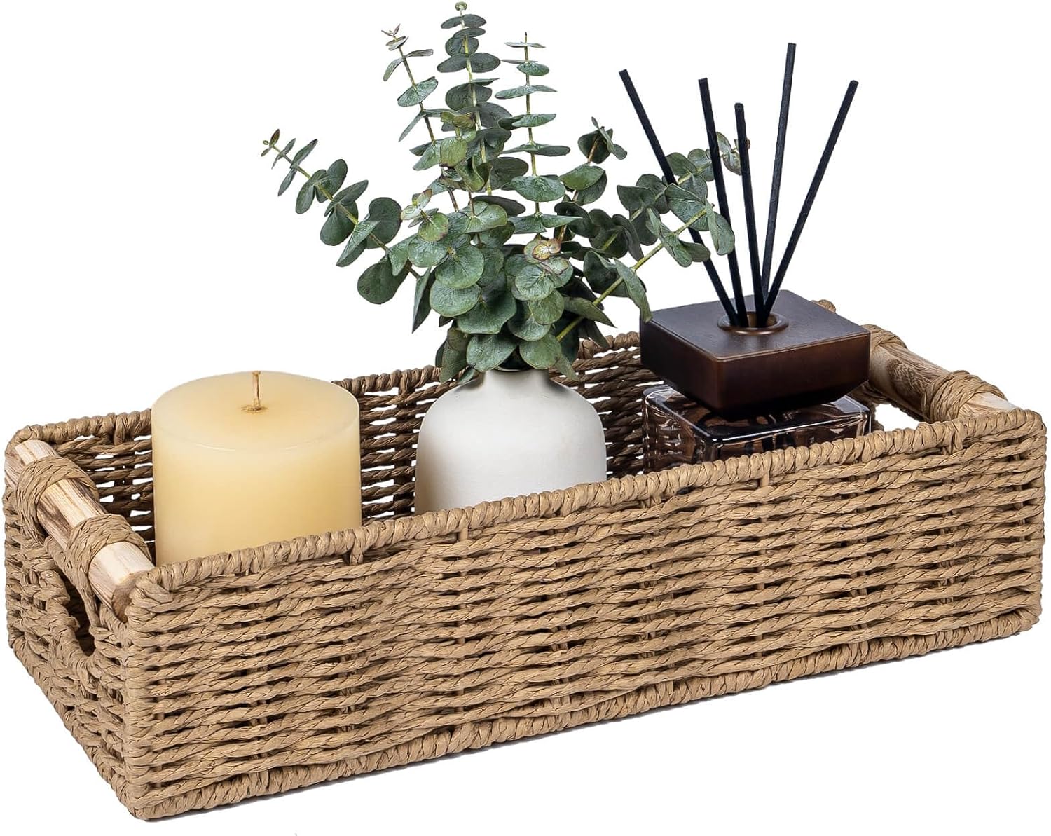 CubesLand Back of Toilet Storage Basket for Organizing w/Cut Out Handle, Handwoven Toilet Tank Top Paper Baskets, Wicker Decorative Basket for Countertop, Home Decor, Living Room, Nursery, Neutral