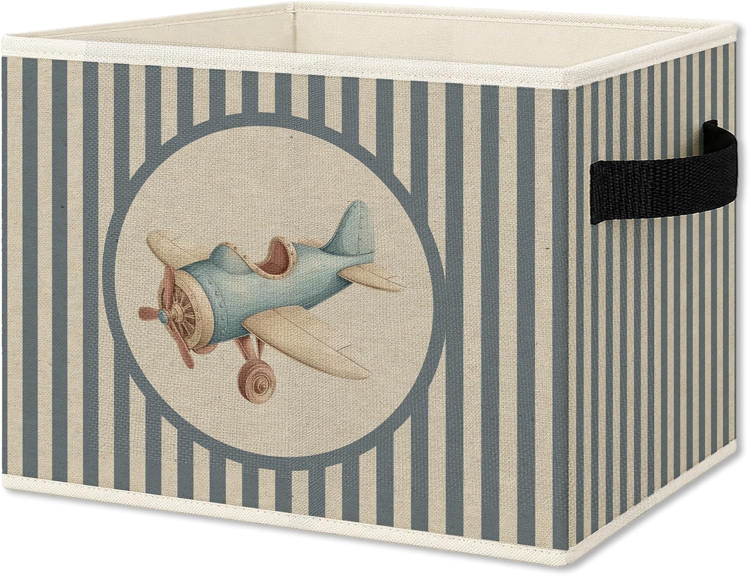 Vintage Airplane Foldable Storage Bins Box with Handles, Kids Room Decor for Boys, Neutral Blue Striped Plane Collapsible Organizer Basket for Kids Nursery Room Bedroom Playroom Toys Books