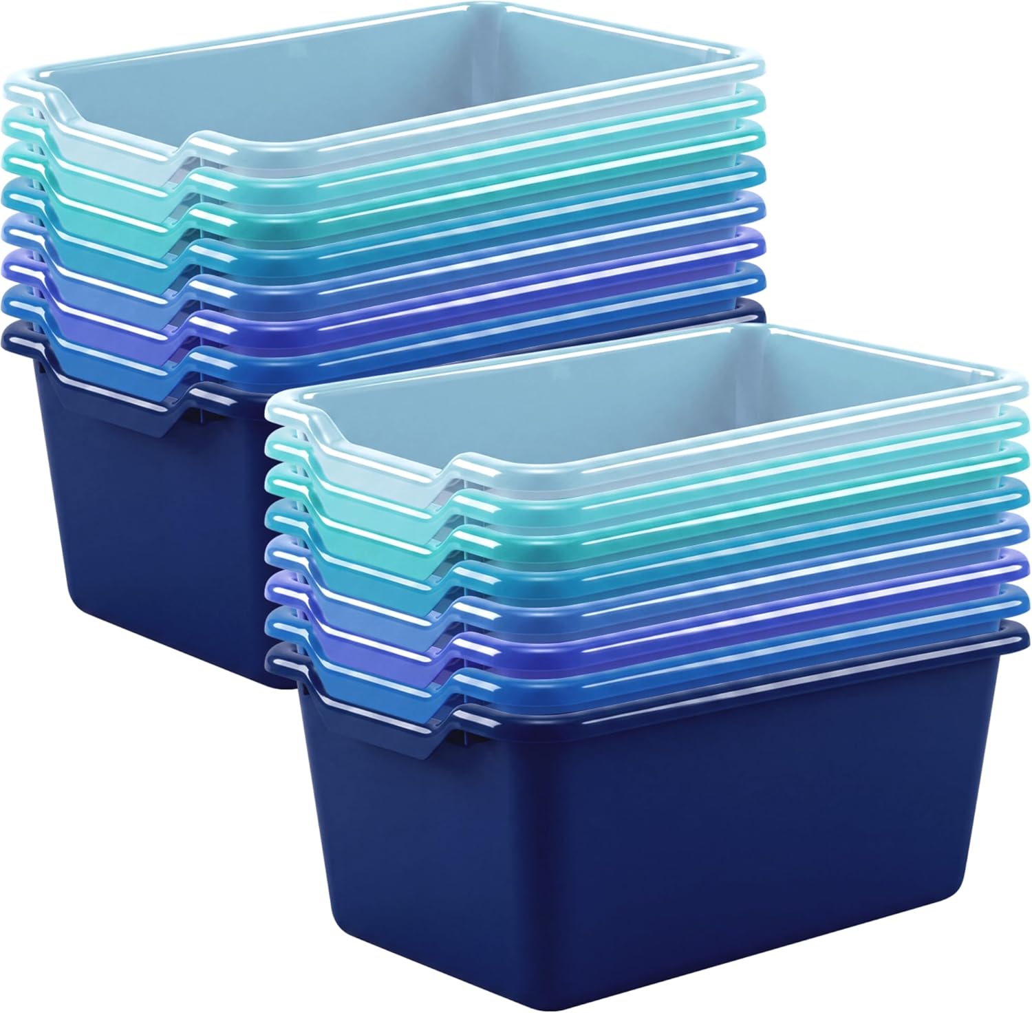 Dandat 16 Pcs Plastic Book Bins for Classroom Library Cubby Bins Scoop Front Stackable Toy Storage Tubs Containers for School Office Home Nursery Playroom Organization (Blue Series)