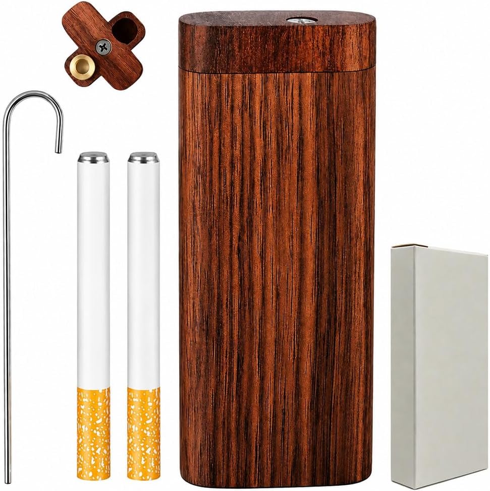 𝐎𝐧𝐞 𝐇𝐢𝐭𝐭𝐞𝐫 𝐏𝐢𝐩𝐞 Wooden Storage Box with One Cleaning Tool & Storage Compartment, Portable Pocket Stash Case for Outdoor Travel