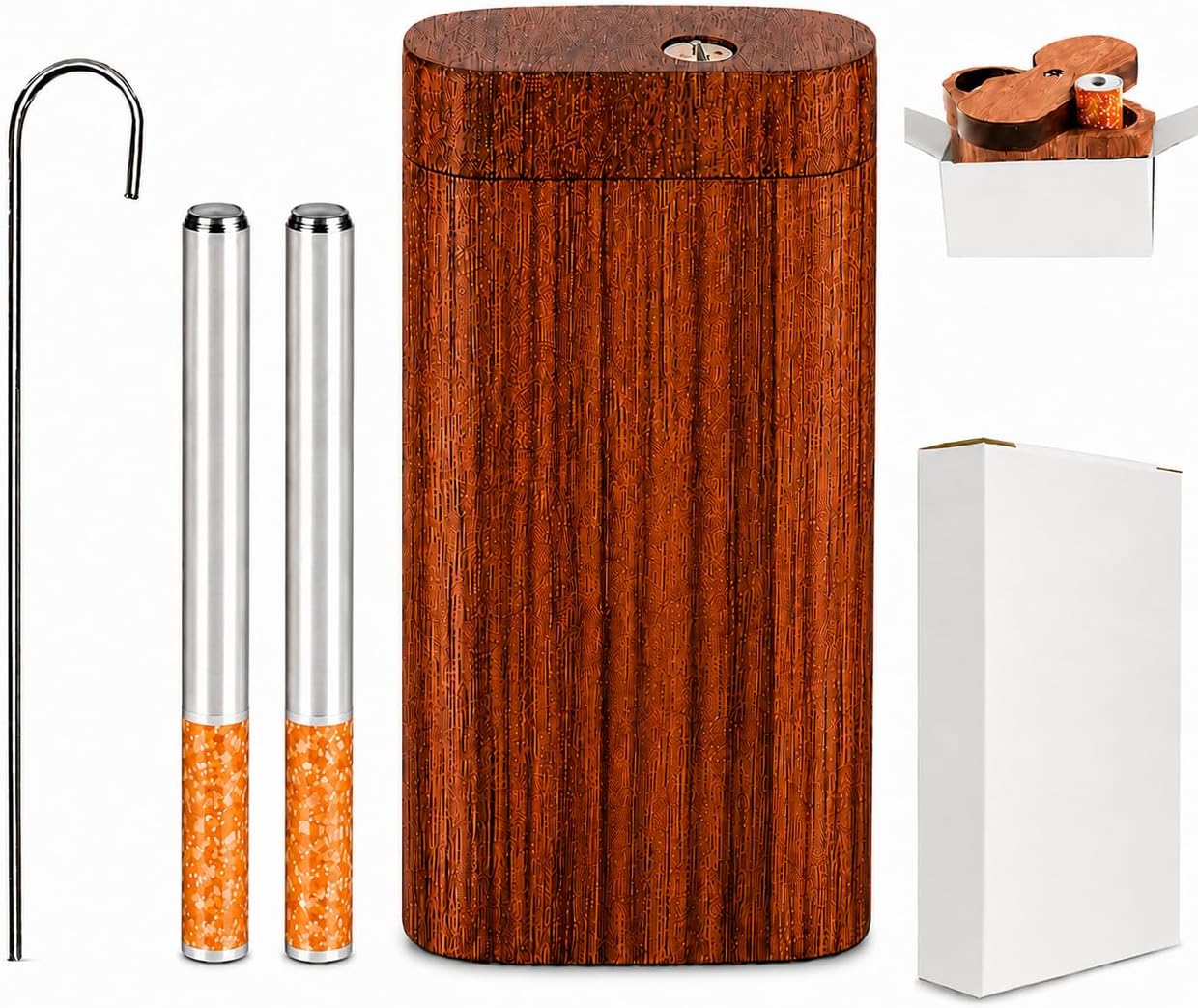 𝗢𝗻𝗲 𝗛𝗶𝘁𝘁𝗲𝗿 𝗣𝗶𝗽𝗲 Wood Storage Box Organizer Complete Set with 2 Metal Tubes and Cleaning Tool