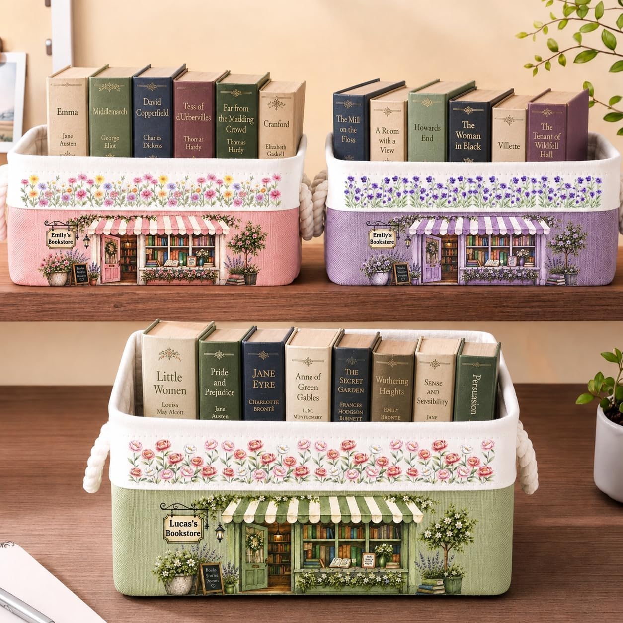 Custom Storage Basket, Book Basket For Women | Book Storage Organizer With Birth Month Flower, Book Lover Gifts For Bookworms, Readers, Flower Book Storage